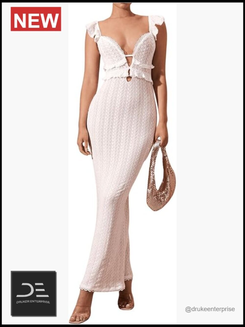 Crochet Ruffle Sleeveless Backless Bodycon Maxi Dress